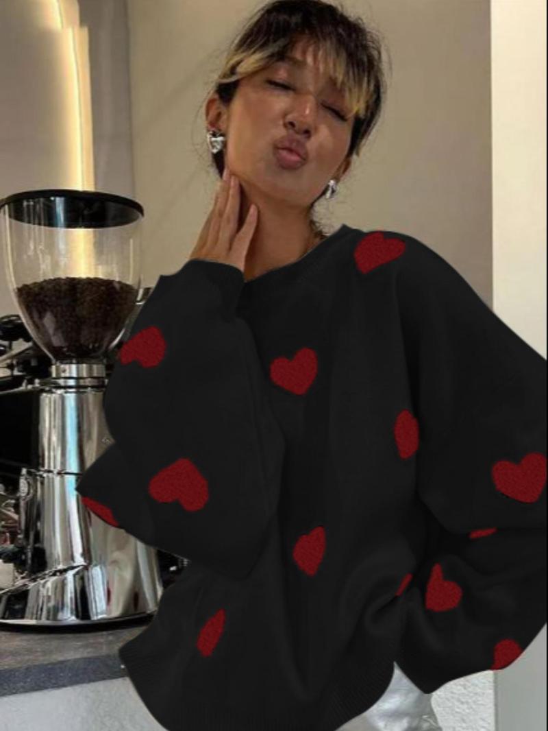 Women's Spring Heart Print Long Sleeve Crewneck Knitting Jumper, Comfort Round Neck Sweater for Daily Streetwear,  Tiktop Shop, Lady's Top for Spring - Seldom Seen Styles