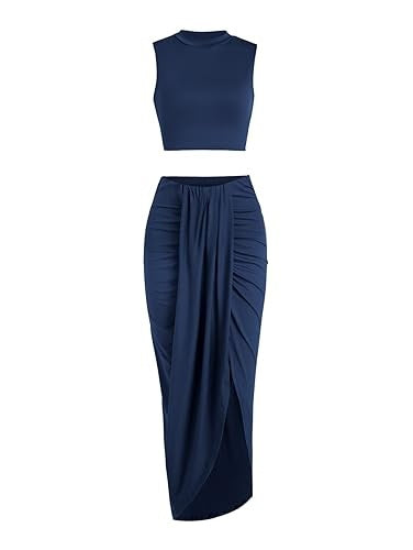 Women's Solid Crop Tank Top & Ruched Asymmetrical Hem Split Skirt Set, Chic Casual Mock Neck Sleeveless Top & High Waist Wrap Skirt, Womenswear Outfit - Seldom Seen Styles
