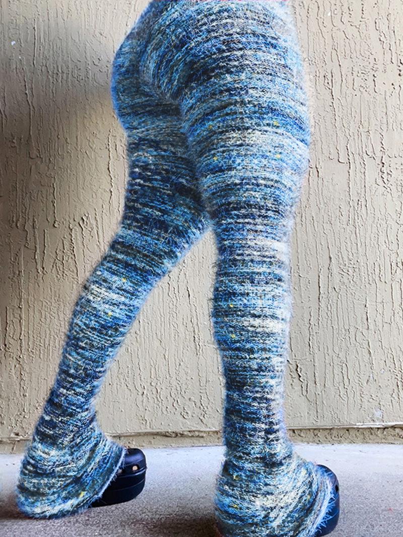 Women's Striped Print Flare Leg Fuzzy Sweater Pants, Casual Street Comfy Knit Bell Bottom Trousers For Fall & Winter, Women's Knitwear For Daily Wear - Seldom Seen Styles