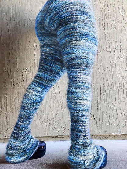 Women's Striped Print Flare Leg Fuzzy Sweater Pants, Casual Street Comfy Knit Bell Bottom Trousers For Fall & Winter, Women's Knitwear For Daily Wear - Seldom Seen Styles