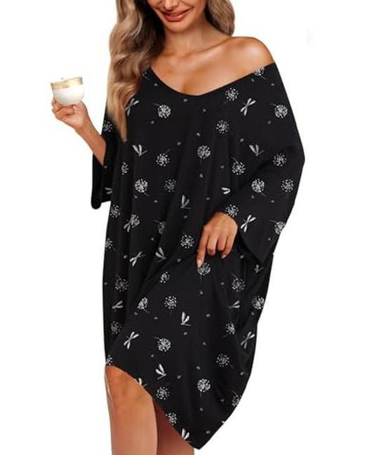 Plus Size Nightgown for Women V-Neck Sleep  Dress Pjs Lounge Short Sleeves Sleepwear With Pocket Fit S-5XL Pajamas Elastic Loungewear Breathable Fabric - Seldom Seen Styles