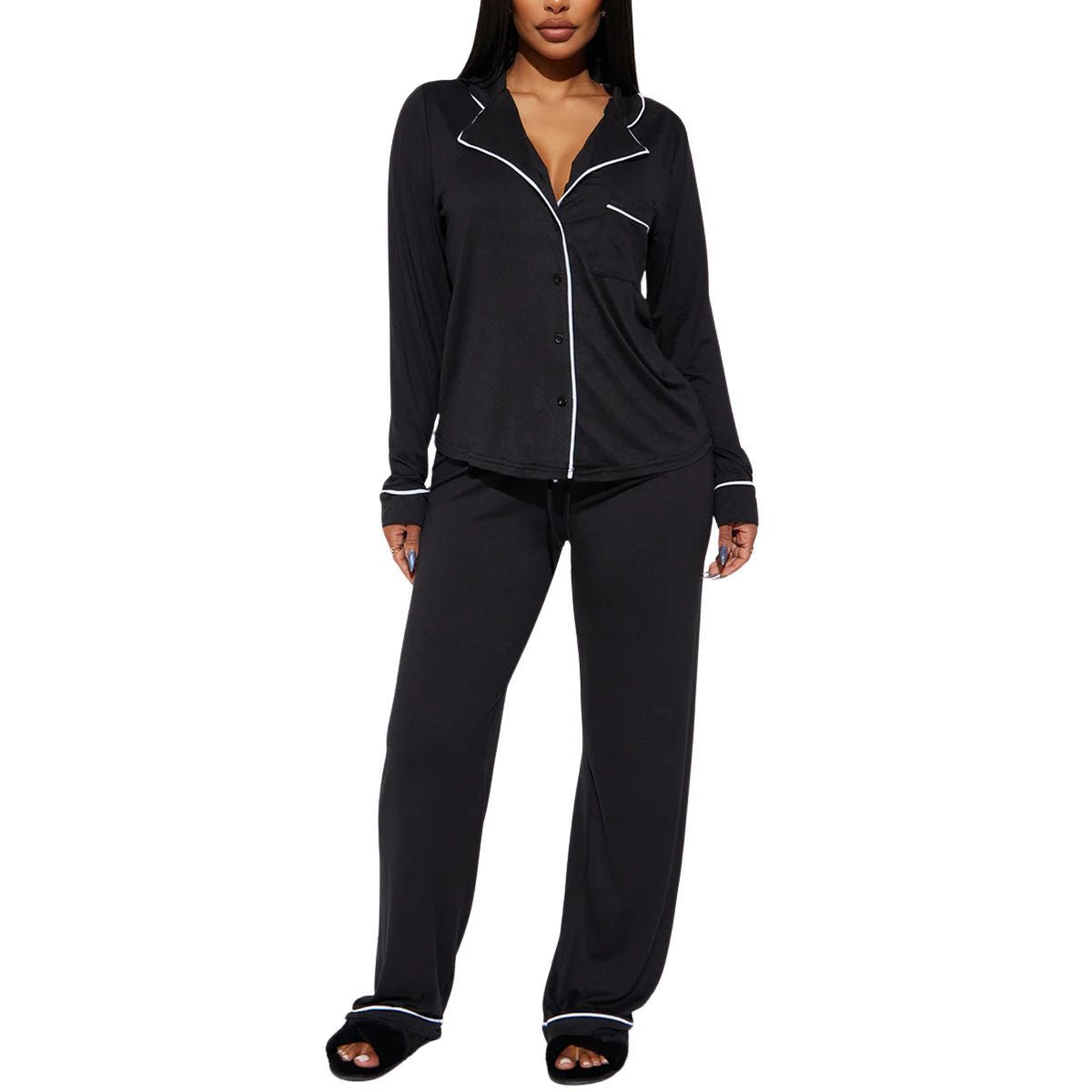 Modal Pajama Set, Long Sleeve Button Down Shirt and Pajama Pants, Sleepwear for Women - Seldom Seen Styles