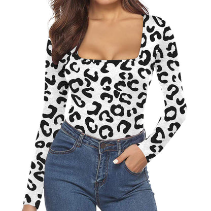 Women's Sexy Square Neck Bodysuit Long Sleeve Double Lined Shirt Tops
