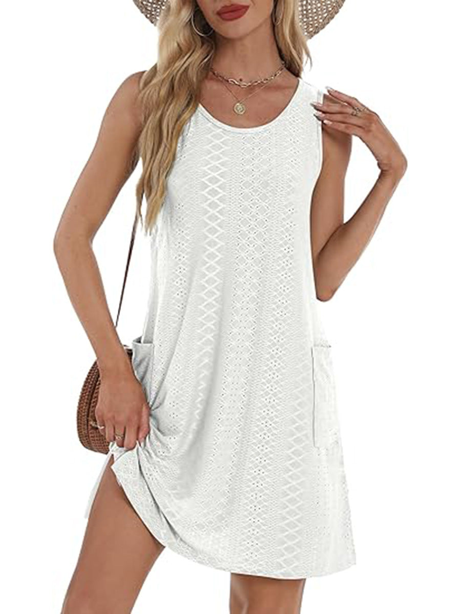 Coverup Summer Dresses for Women 2025 Eyelet Casual Loose Sleeveless Sundresses Tank Dresses with Pockets