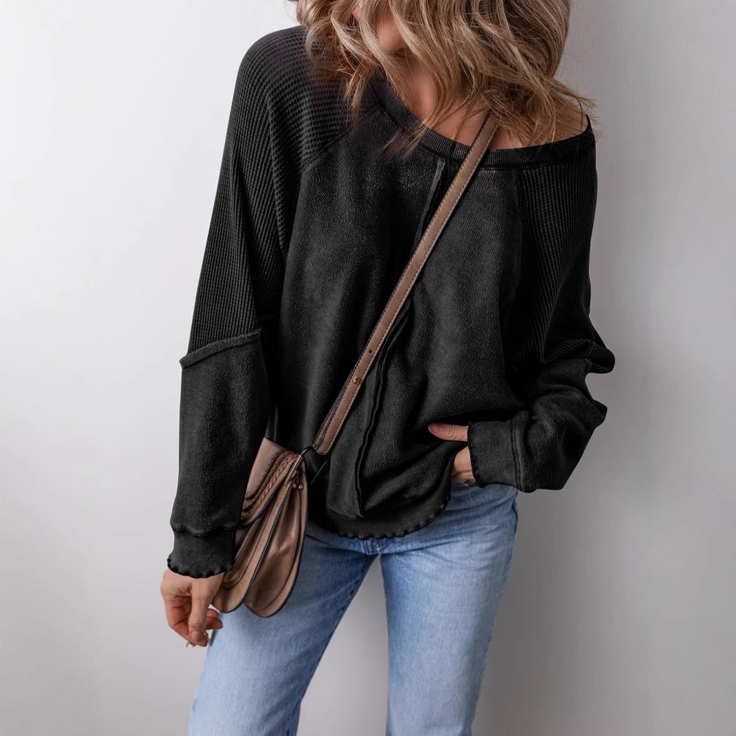 Women's Cotton Waffle Knit Casual Crew Neck Long Sleeve Back Seam Pullover Sweatshirt - Seldom Seen Styles