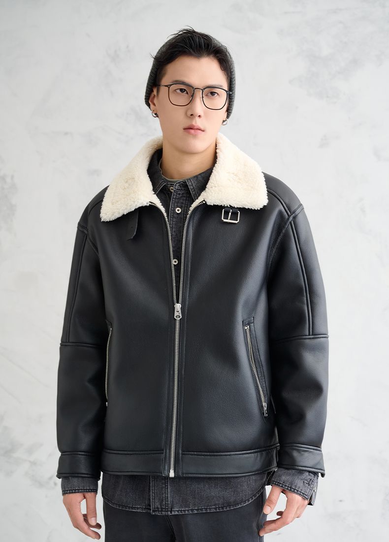 [PU leather composite imitation lamb wool collar] Winter fur integrated thickened thermal leather jacket jacket men