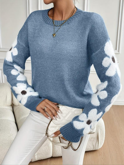 Women's Floral Pattern Scallop Trim Drop Shoulder Sweater, Casual Long Sleeve V Neck Jumper for Fall & Winter, Fashion Ladies' Knitwear for Daily Wear - Seldom Seen Styles