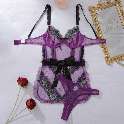 Sexy Color-Block Mesh See-Through Lingerie Hollow Out Backless No-Remove Temptation Erotic Bodysuit with Underwire