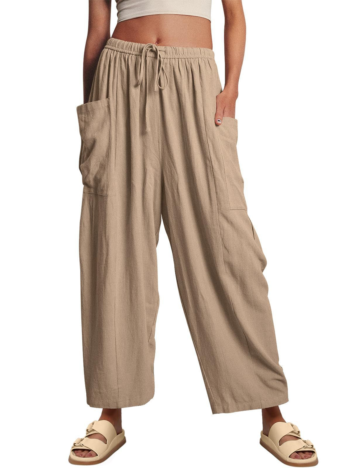 Womens Wide Leg Pants Casual Loose Drawstring Flowy Summer Beach Palazzo Harem Pants with Pockets - Seldom Seen Styles