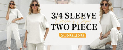 Songling Women Casual Two Piece Outfits 3/4 Batwing Sleeve Capelet CrewNeck Pullover Top Wide Leg Pants Lounge Sets Sweatsuit - Seldom Seen Styles