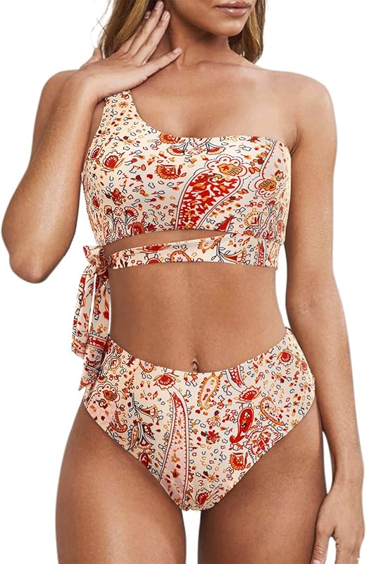 Women One Shoulder High Waisted Bikini Tie High Cut Two Piece Swimsuits