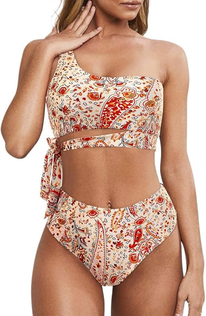 Women One Shoulder High Waisted Bikini Tie High Cut Two Piece Swimsuits