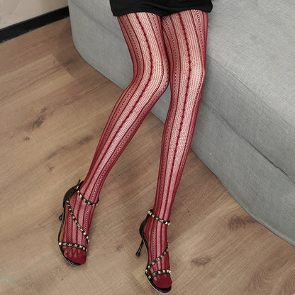 Spring and Autumn Striped Dark Red Millennium Hot-Selling Slimming Stockings Retro Dark Pattern Hot Girl Versatile Thin Pantyhose