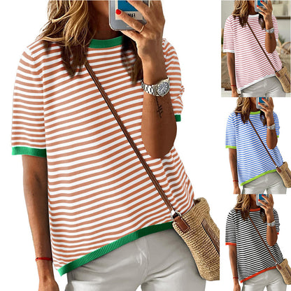 Womens Tops Casual Summer Crewneck Short Sleeve Striped Color Block Knit High Low Trendy Pullover Sweaters - Seldom Seen Styles