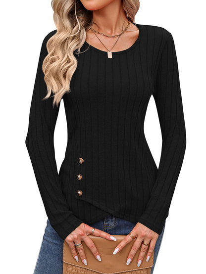 Sweaters for Women Fashion Long Sleeve Tops Button Pullover Crew Neck Casual Loose Slit Sweatshirt - Seldom Seen Styles