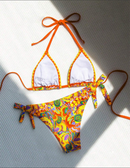 Women's Bikini Sets 2 Piece Halter Triangle Allover Print Swimsuit Set Boho Knot Side Bathing Suit Set