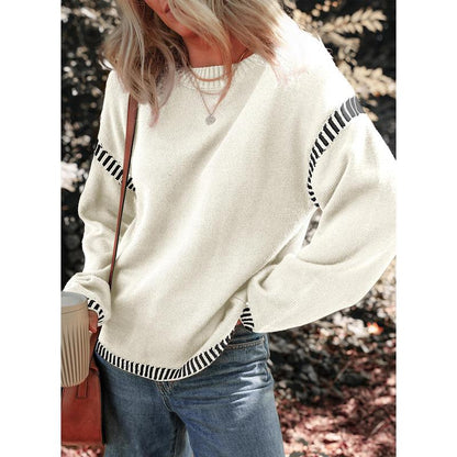 Sweaters for Women Fashion Solid Crewneck Loose Fit Long Sleeve Contrast Cable Knit Pullover Sweater Jumper Tops Knitwear Womenswear Knitwear Womenswear - Seldom Seen Styles