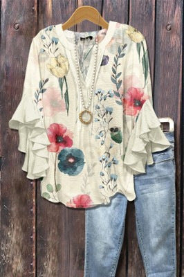 Retro Floral Print Layered Ruffle Sleeve Top Going Outfits Blouses Women Vintage 90s Tops Funny Shirts Women Elegant Classy Tops cute summer outfit