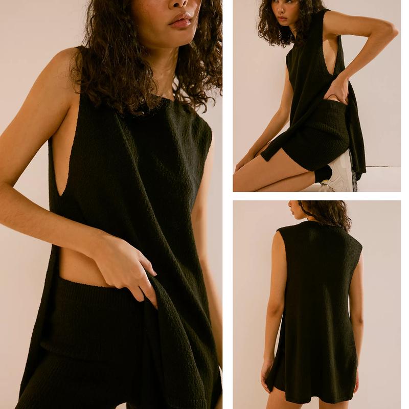 Women's 2 Piece Outfits Summer Knit Sweater Set Sleeveless Tunic Top Matching Shorts Trendy Beach Vacation Sets Loungesetwomen Suits Clothes Womenswear  Basic Beige - Seldom Seen Styles