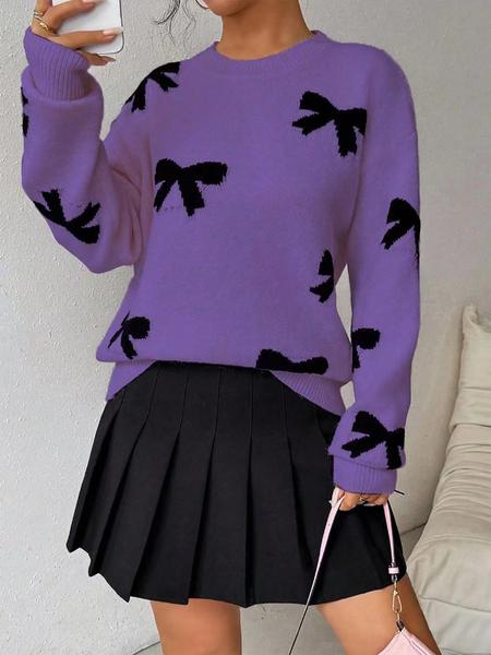 Fashion Bow Print Casual Loose Knitted Sweater Pullover Autumn/Winter Women Pullovers New Full Sleeve Knitwear - Seldom Seen Styles