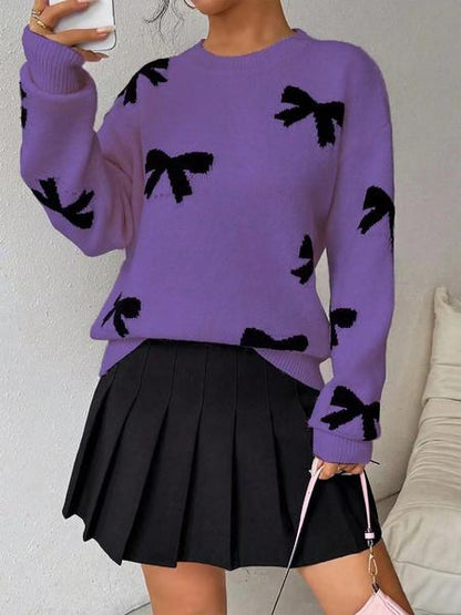 Fashion Bow Print Casual Loose Knitted Sweater Pullover Autumn/Winter Women Pullovers New Full Sleeve Knitwear - Seldom Seen Styles