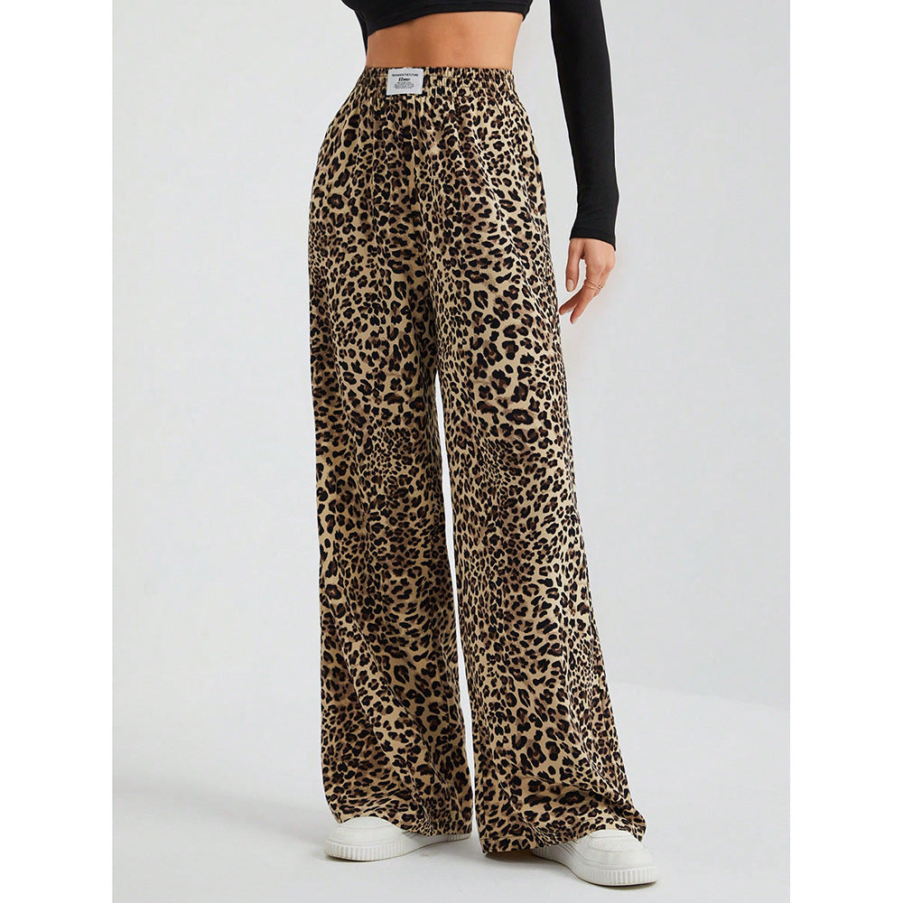 Women's Letter Leopard Print Straight Leg Pants Elastic Waist Y2K Trousers Bottoms with Pockets - Seldom Seen Styles
