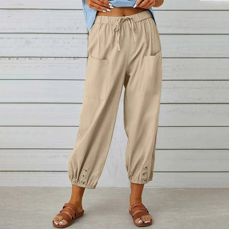 Women's Capri Pants High Waist Drawstring Cinch Bottom with Button Cotton Loose Casual Trouser with Pockets - Seldom Seen Styles