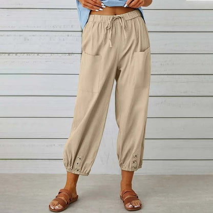 Women's Capri Pants High Waist Drawstring Cinch Bottom with Button Cotton Loose Casual Trouser with Pockets - Seldom Seen Styles