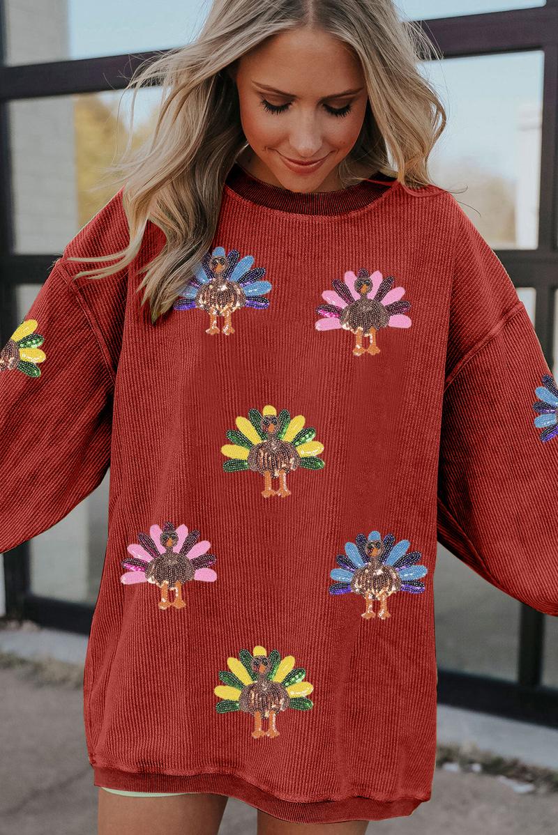 Women's Thanksgiving Sweatshirt with Sequin Turkey Graphic Corded Baggy Long Sleeve Winteroutfit Round Neck Casual Tops for Comfortable Wear - Seldom Seen Styles