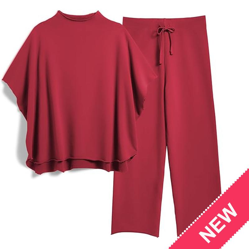 Songling Women Casual Two Piece Outfits 3/4 Batwing Sleeve Capelet CrewNeck Pullover Top Wide Leg Pants Lounge Sets Sweatsuit - Seldom Seen Styles