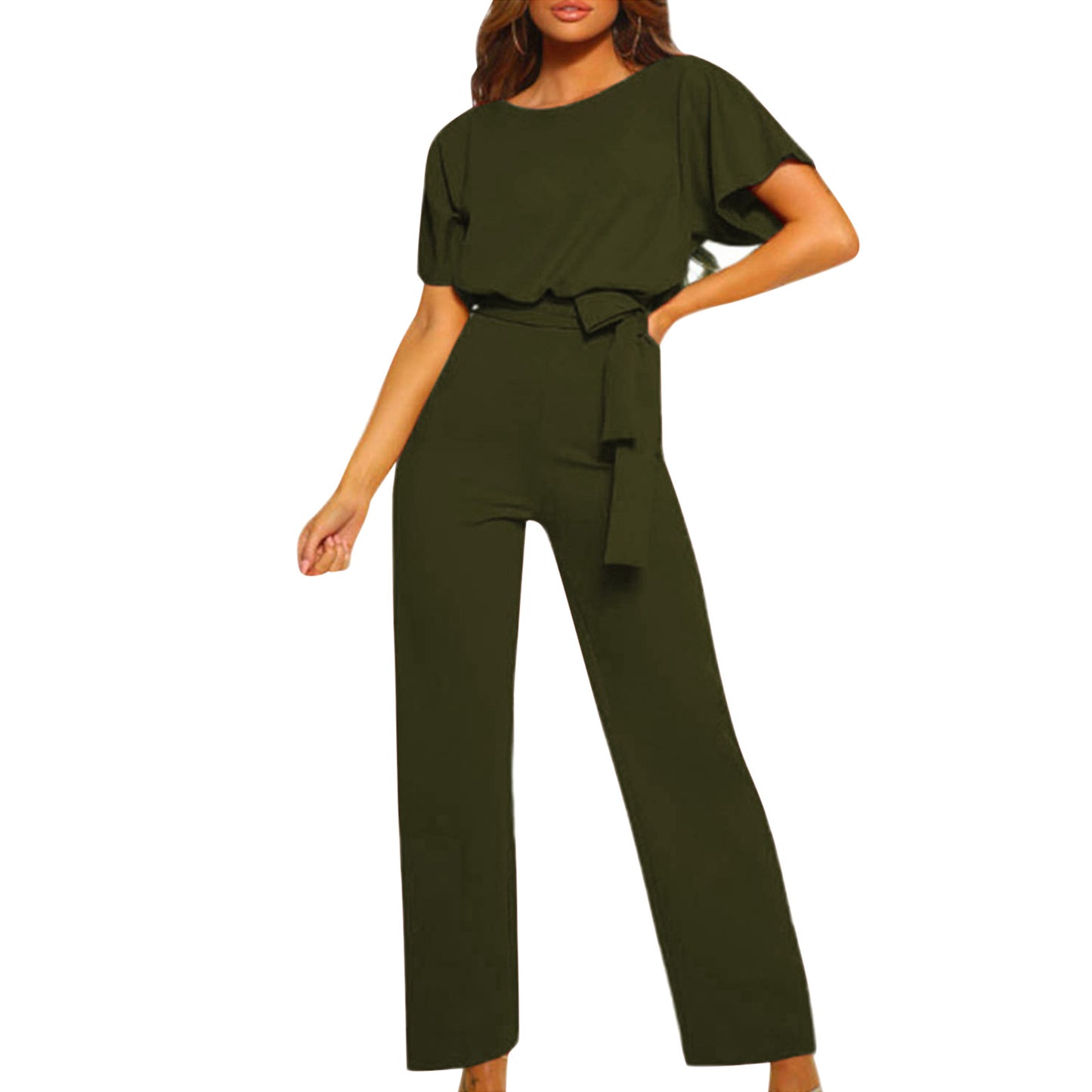 Womens Loose Short Sleeve Belted Wide Leg Pant Romper Jumpsuit Business Casual One Piece Outfits - Seldom Seen Styles