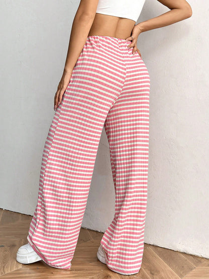 Women's Wide Leg Pants Striped Elastic High Waisted Casual Knit Palazzo Pants Drawstring Lounge Pajama Trousers - Seldom Seen Styles