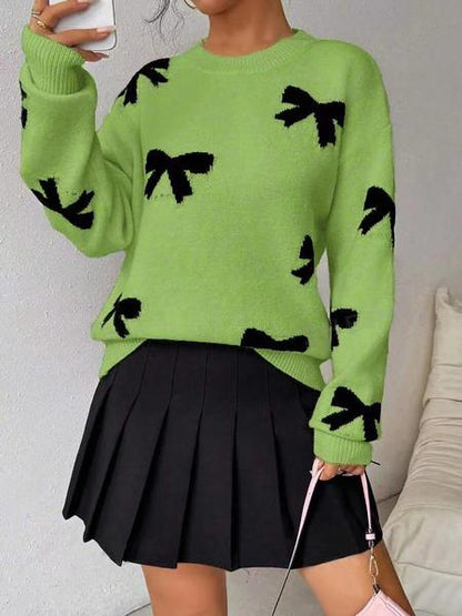 Fashion Bow Print Casual Loose Knitted Sweater Pullover Autumn/Winter Women Pullovers New Full Sleeve Knitwear - Seldom Seen Styles