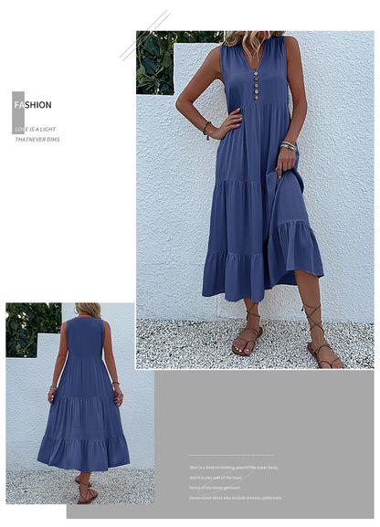 Summer Flowy Maxi Dress with Pockets Sleeveless Loose Casual Sundress V-Neck Tiered Sun Dress for Beach Cruise Vacations