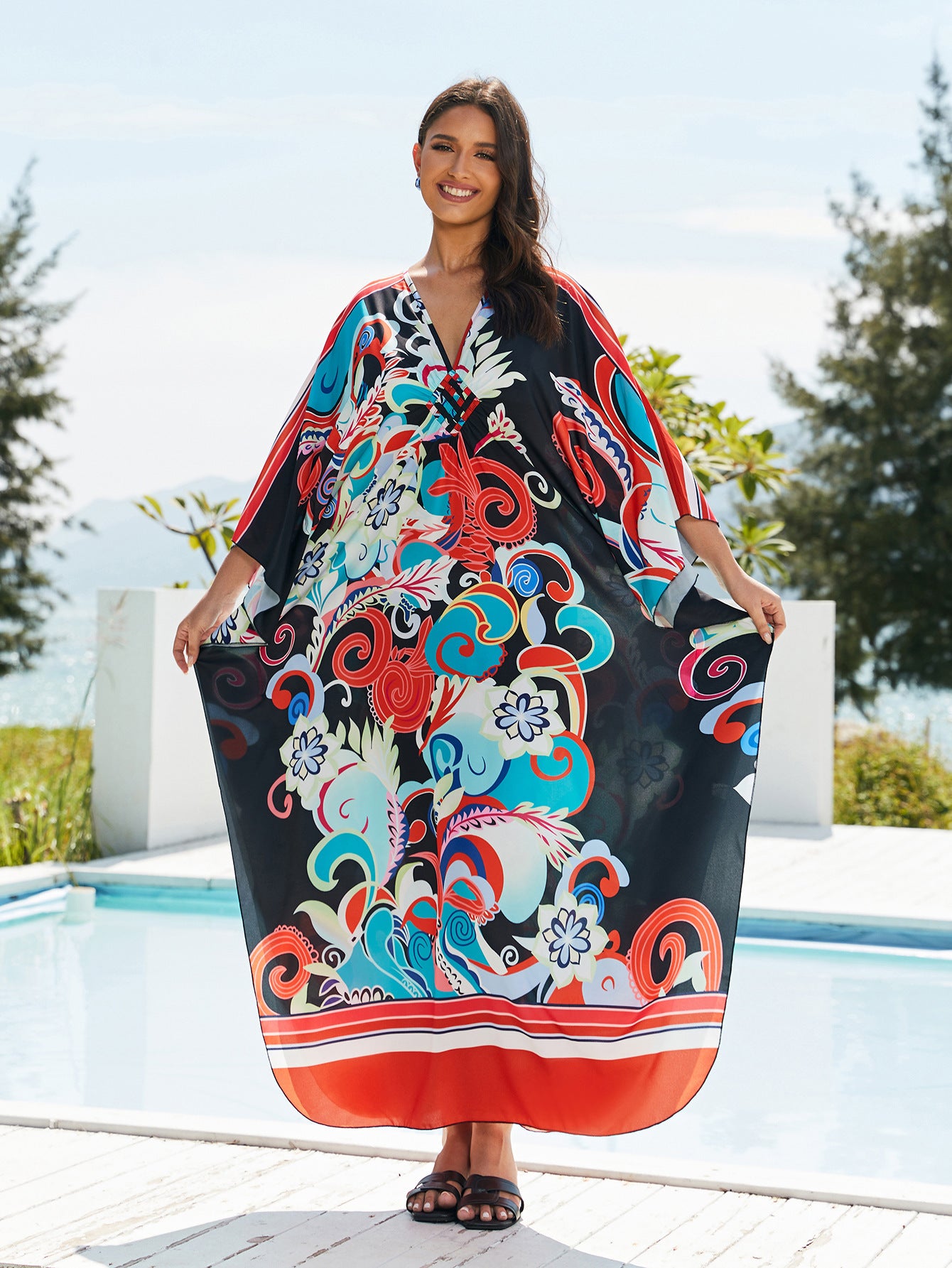 [Plus Size] Butterfly/feather Print Ruched Split Hem Tunic Dress, Valentine's Day Elegant Batwing Sleeve V Neck Long Dress for Summer, Casual Womenswear, Gift, Homecoming Dresses, Women's Clothes for Beach Holiday Vacation, Moo Moo Dresses