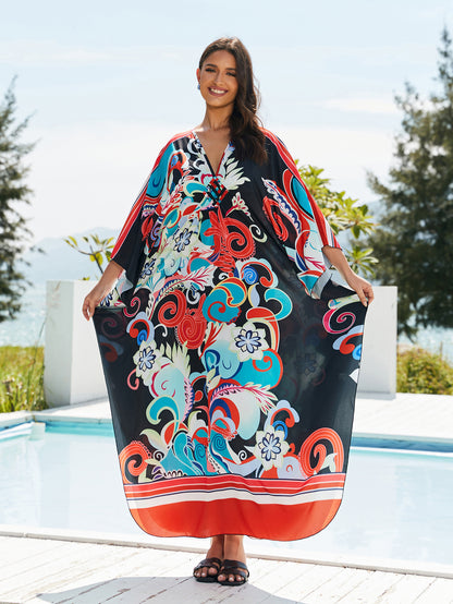 [Plus Size] Butterfly/feather Print Ruched Split Hem Tunic Dress, Valentine's Day Elegant Batwing Sleeve V Neck Long Dress for Summer, Casual Womenswear, Gift, Homecoming Dresses, Women's Clothes for Beach Holiday Vacation, Moo Moo Dresses