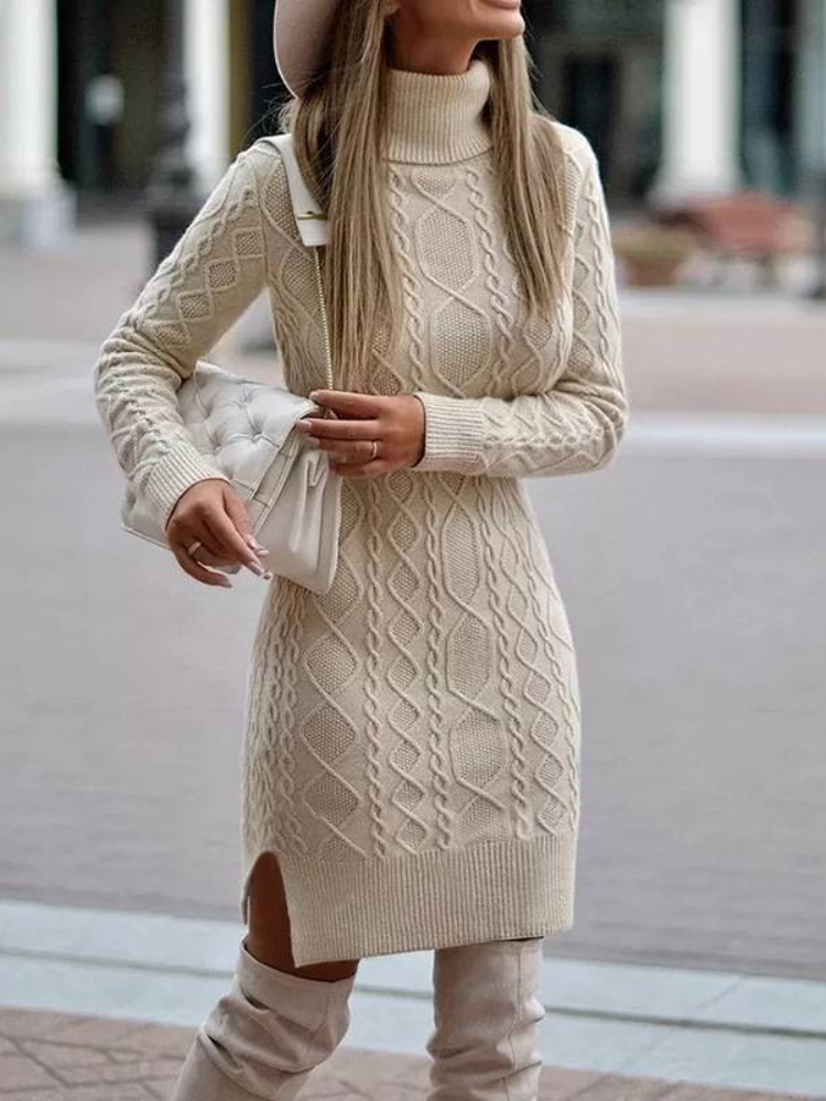 Women Turtleneck Sweater Solid Color Slit Knitted Sweater Dress - Seldom Seen Styles