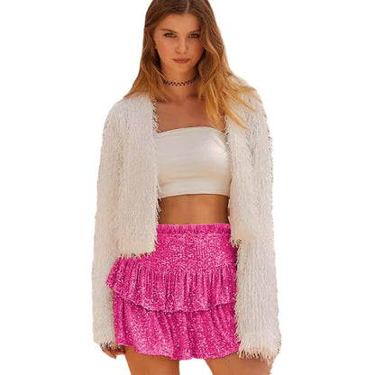 Mini Skirts for Women Summer Sparkly Sequin Layered Ruffle High Waist Tiered Skirt Shiny Party Club Short Skirts - Seldom Seen Styles