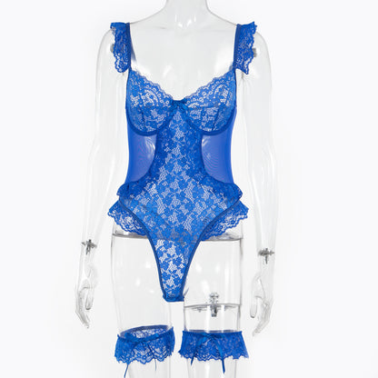 Women Sexy Lingerie Bodysuit Floral Lace Teddy Babydoll Snap Crotch Ruffle One Piece with Thigh Bands
