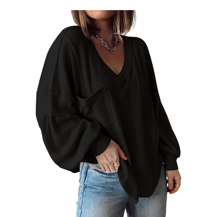 Women's Casual Basic V-Neck Ribbed Knitted Shirts Pullover Tunic Tops Loose Balloon Sleeve Blouses Top - Seldom Seen Styles