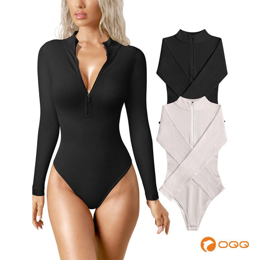 Women's 2 Piece Bodysuits Sexy Ribbed One Piece Zip Front Long Sleeve Tops Bodysuits - Seldom Seen Styles