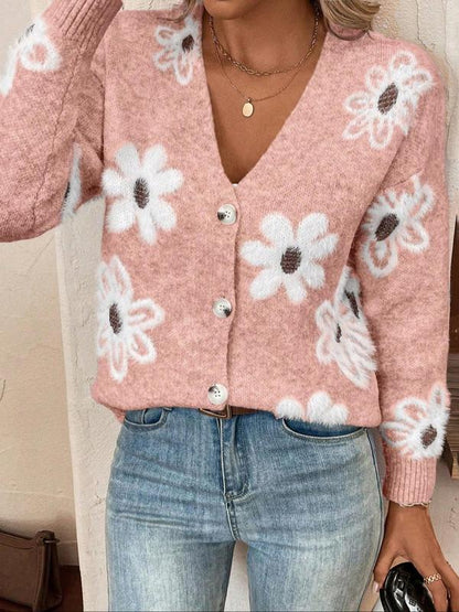 Plus Size Floral Print Button Front Cardigan, Casual Drop Shoulder  V Neck Knitwear for Fall & Winter, Women's Plus Clothing for Daily Wear - Seldom Seen Styles