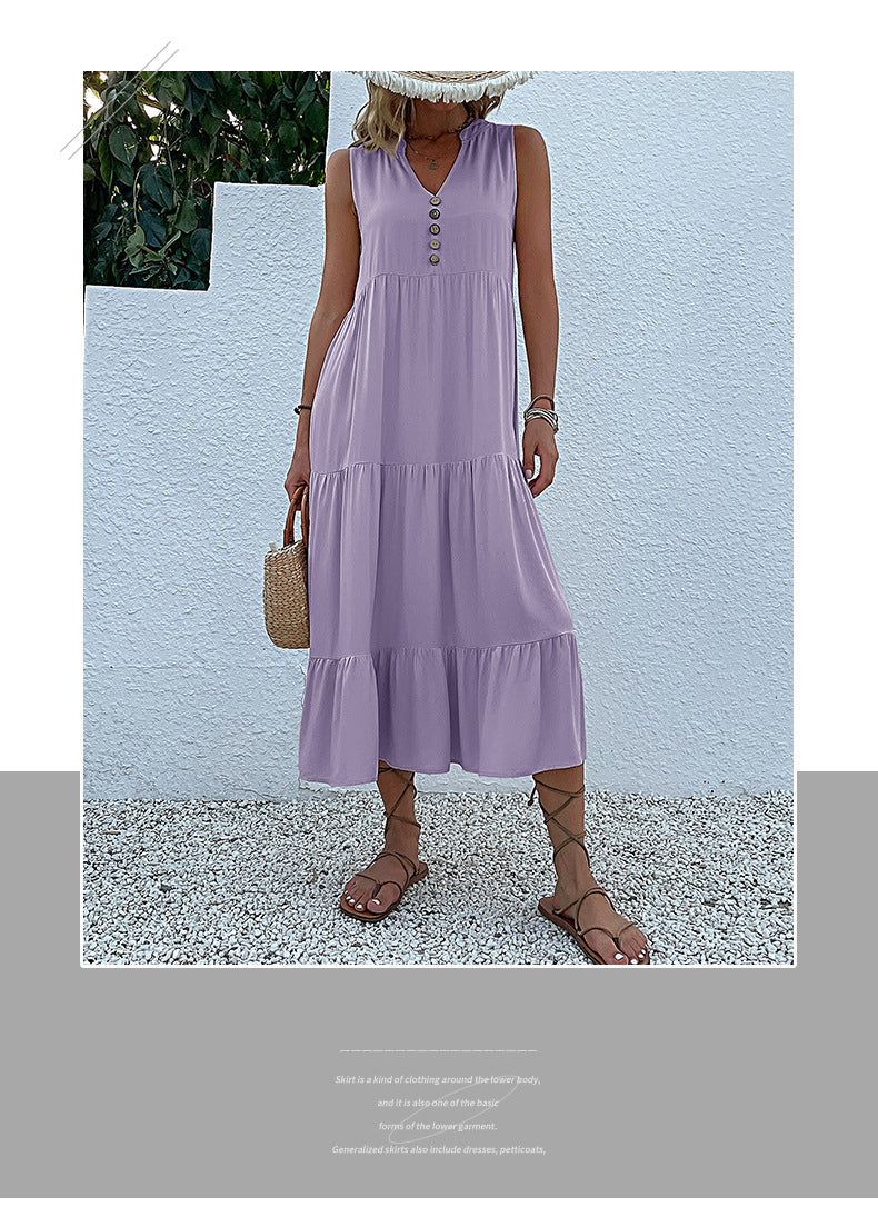 Summer Flowy Maxi Dress with Pockets Sleeveless Loose Casual Sundress V-Neck Tiered Sun Dress for Beach Cruise Vacations