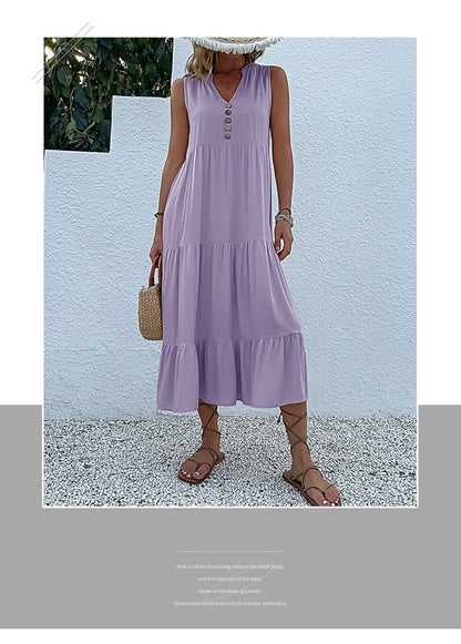 Summer Flowy Maxi Dress with Pockets Sleeveless Loose Casual Sundress V-Neck Tiered Sun Dress for Beach Cruise Vacations