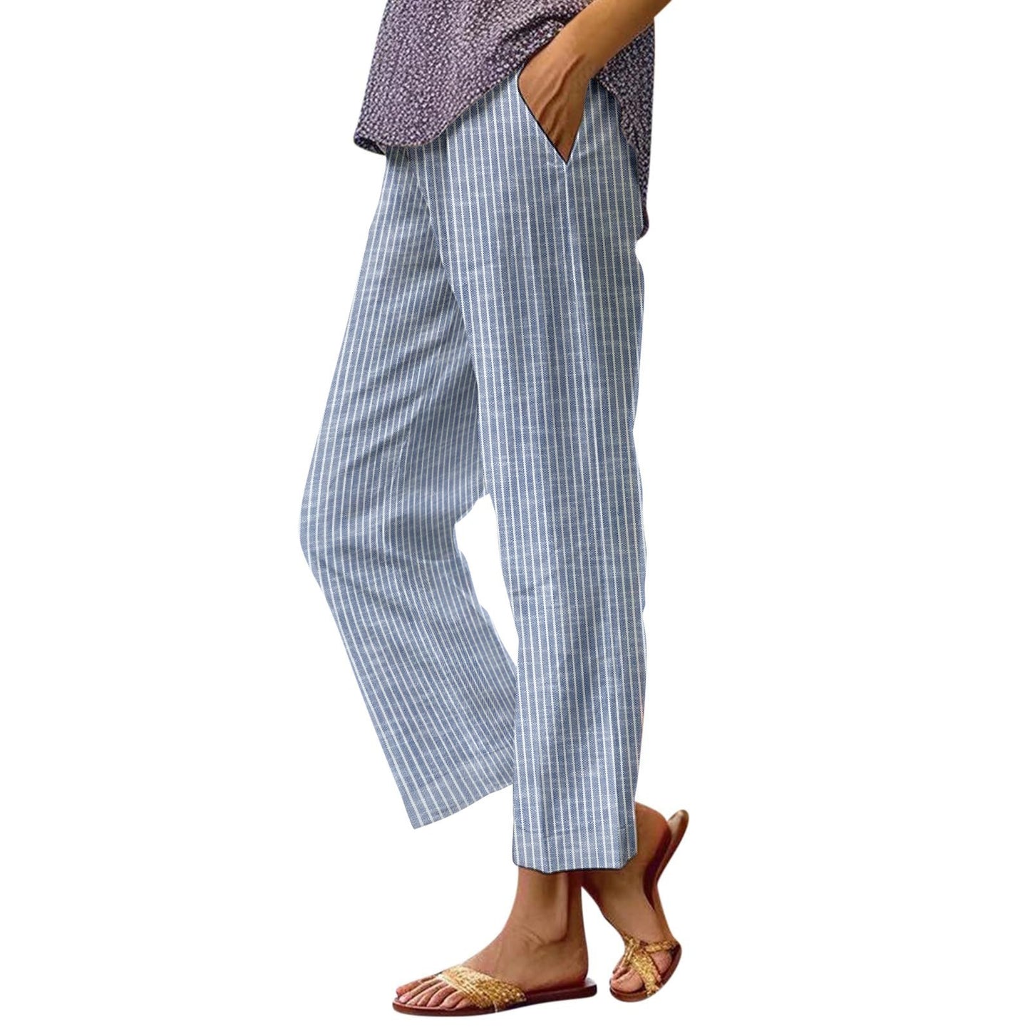 Women's Linen Pants, Side Stripe, Elastic Waist, Straight Leg, Summer Beach Vacation - Seldom Seen Styles