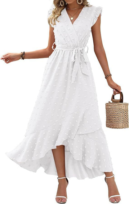 Women's V-Neck Summer Dress 2025 Cap Sleeve Swiss Dot Boho Flowy Ruffle Slit Beach