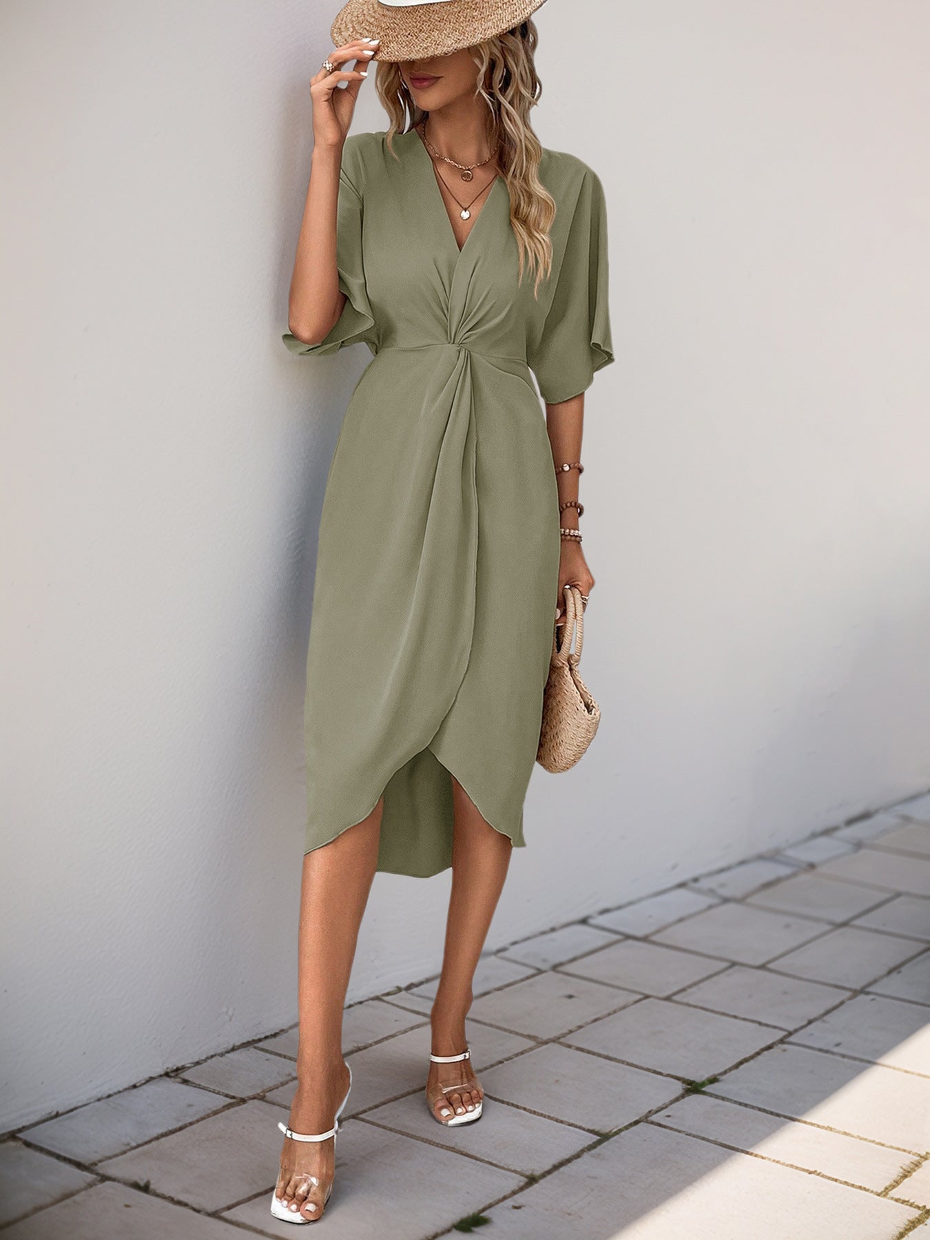 Green Batwing Sleeve Midi Dress Women V-Neck Twist Front A-Line Summer Beach Dress Elegan Wedding Guest Dress