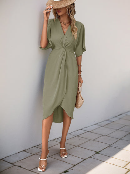 Green Batwing Sleeve Midi Dress Women V-Neck Twist Front A-Line Summer Beach Dress Elegan Wedding Guest Dress