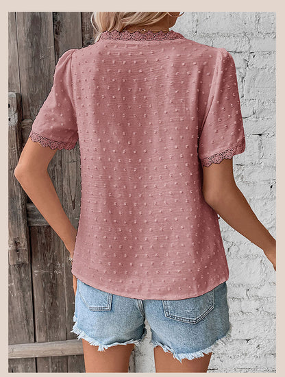 Women's 2025 Summer V Neck Lace Crochet Blouse Swiss Dot Business Casual Cute Shirts Tops