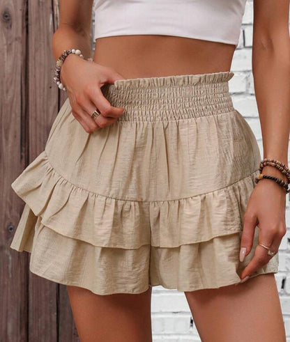 Women's Fabric Frill Trim Ruffle Hem Shirred High Waist Shorts, Fitted Basic Boho Relaxed Fit Casual Tiered Layer Shorts for Spring & Summer, Ladies Bottoms for Daily Wear, Elegance Vibe Womenswear, Minimalist Casual Fashionable Shorts - Seldom Seen Styles